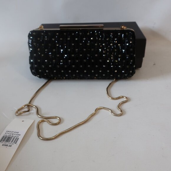 NWT Womens Badgley Mischka Black Beaded Gold Chain Clutch Evening Handbag - Picture 2 of 9